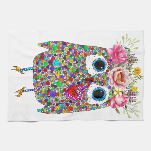 Schattigee en kleurrijke Uil Bloemen Keuken Handdo Theedoek (Horizontaal)