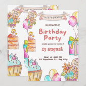 Schattigee en kleurrijke verjaardagsfeestuitnodigi kaart (Voorkant / Achterkant)