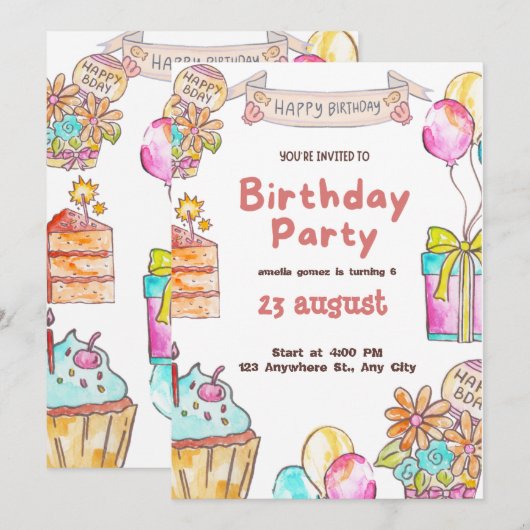 Schattigee en kleurrijke verjaardagsfeestuitnodigi kaart (Voorkant / Achterkant)
