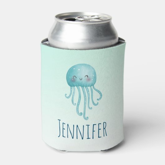 Schattigee en Leuke Blauw-Groene Kwallen Blikjeskoeler (Blikje Voorkant)