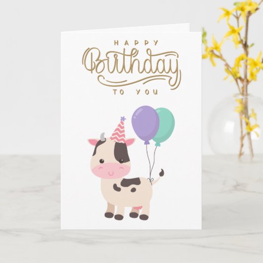 Schattigee en leuke Koe & ballonnen Happy Birthday Kaart