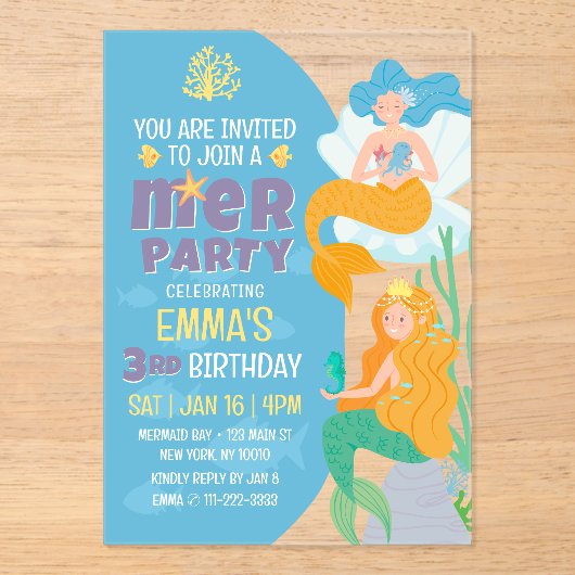 Schattigee en moderne Mermaid Kind verjaardagsfees Acryl Uitnodigingen (Voorkant)
