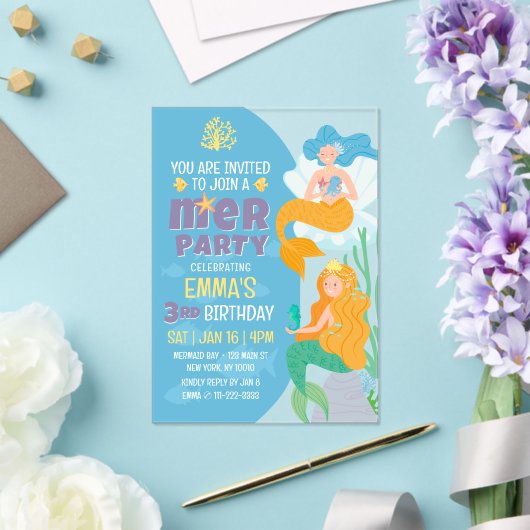 Schattigee en moderne Mermaid Kind verjaardagsfees Acryl Uitnodigingen (Insitu (Huwelijk))