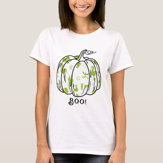 Schattigee en spookachtige groene Jack-O'-Lantern T-shirt (Voorkant)