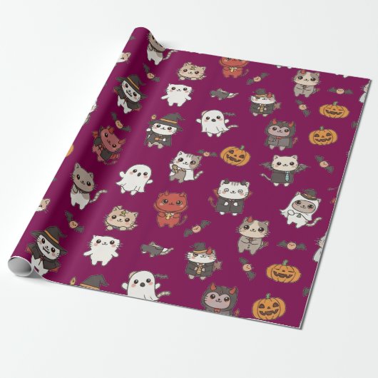 Schattigee en Spooky Halloween Cats Wrapping Paper Cadeaupapier (Uitgerold)