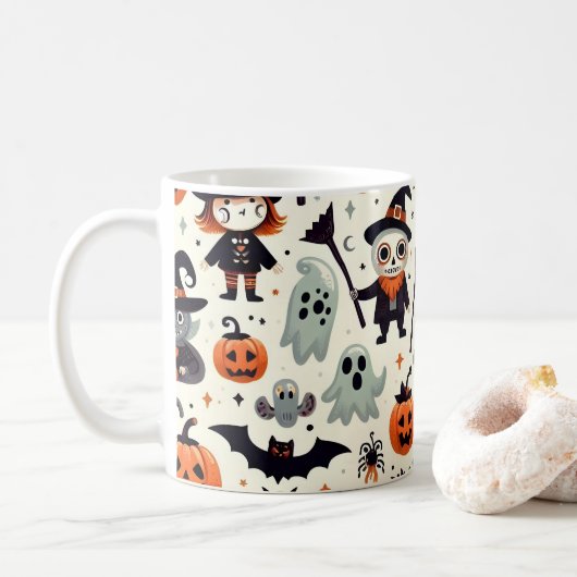 Schattigee en Spooky Halloween Pattern Mok (Met donut)