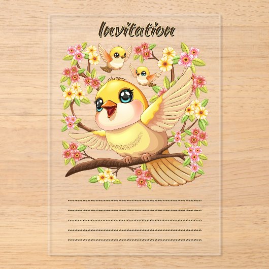 Schattigee en vrolijke vogels tussen de voorjaarsb acryl uitnodigingen (Voorkant)