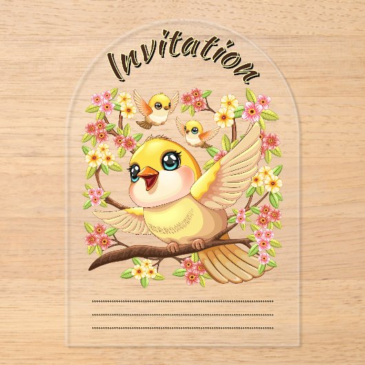 Schattigee en vrolijke vogels tussen de voorjaarsb acryl uitnodigingen (Voorkant)