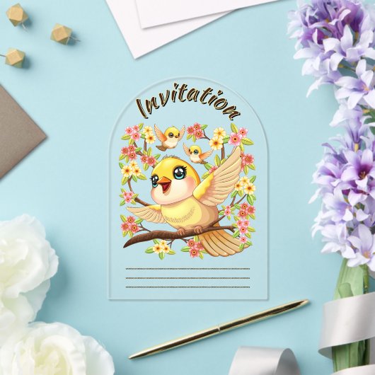 Schattigee en vrolijke vogels tussen de voorjaarsb acryl uitnodigingen (Insitu (Huwelijk))