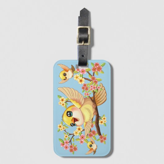 Schattigee en vrolijke vogels tussen de voorjaarsb bagagelabel (Voorkant (verticaal))
