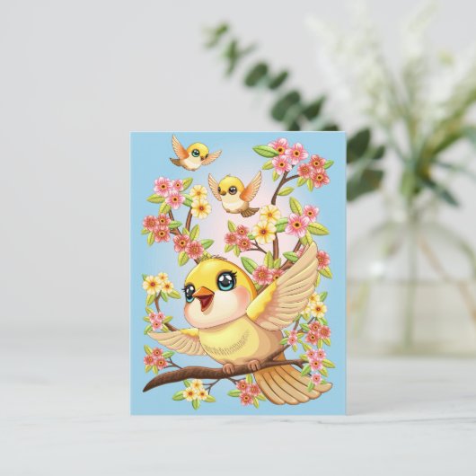 Schattigee en vrolijke vogels tussen de voorjaarsb briefkaart (Staand voorkant)
