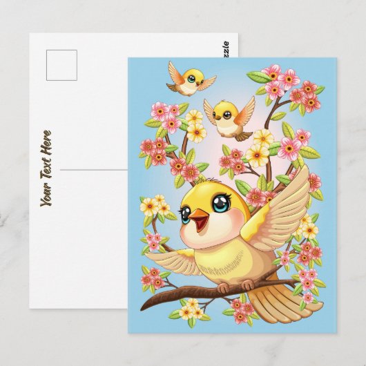 Schattigee en vrolijke vogels tussen de voorjaarsb briefkaart (Voorkant / Achterkant)