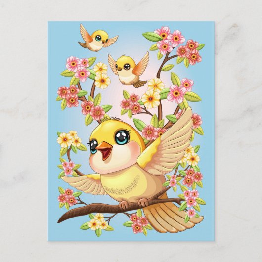 Schattigee en vrolijke vogels tussen de voorjaarsb briefkaart (Voorkant)