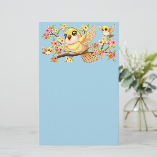 Schattigee en vrolijke vogels tussen de voorjaarsb briefpapier (Staand voorkant)