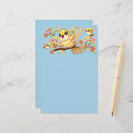 Schattigee en vrolijke vogels tussen de voorjaarsb briefpapier (Voorkant / Achterkant in situ)