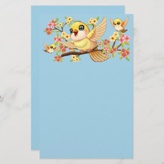 Schattigee en vrolijke vogels tussen de voorjaarsb briefpapier (Voorkant / Achterkant)