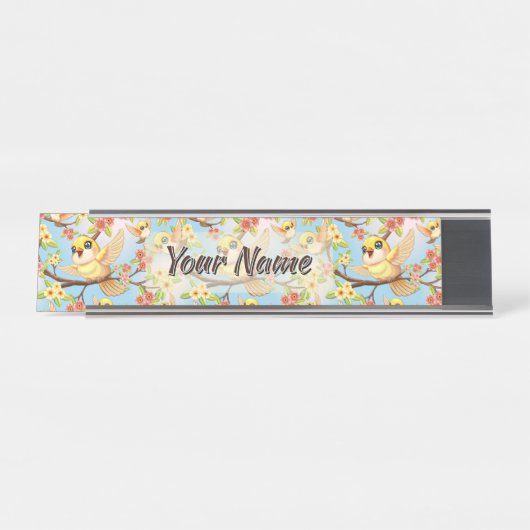 Schattigee en vrolijke vogels tussen de voorjaarsb bureau naambordje (Voorkant)