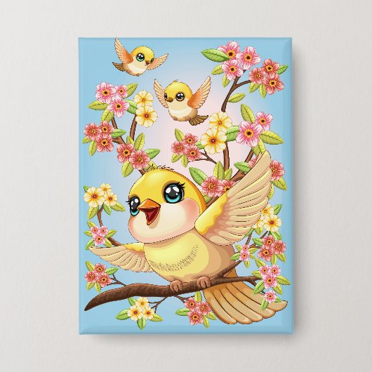Schattigee en vrolijke vogels tussen de voorjaarsb button (Voorkant)