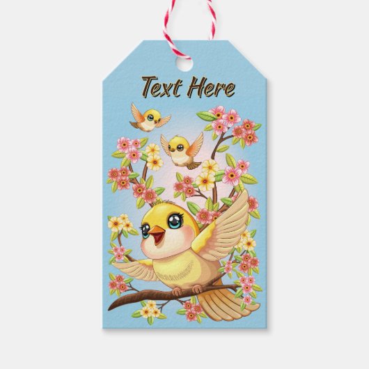 Schattigee en vrolijke vogels tussen de voorjaarsb cadeaulabel (Voorkant)