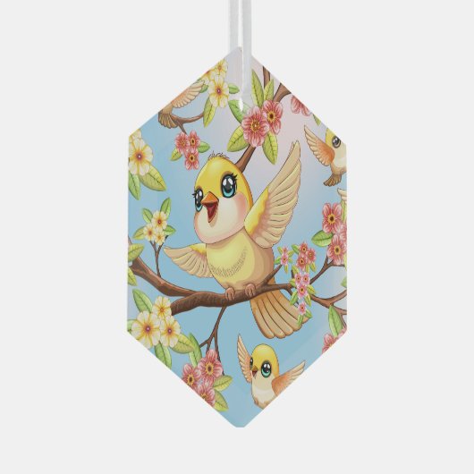 Schattigee en vrolijke vogels tussen de voorjaarsb glas ornament (Voorkant Rechts)