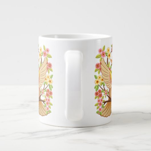 Schattigee en vrolijke vogels tussen de voorjaarsb grote koffiekop (Achterkant)