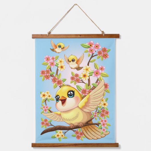 Schattigee en vrolijke vogels tussen de voorjaarsb hangend wandkleed (Voorkant)