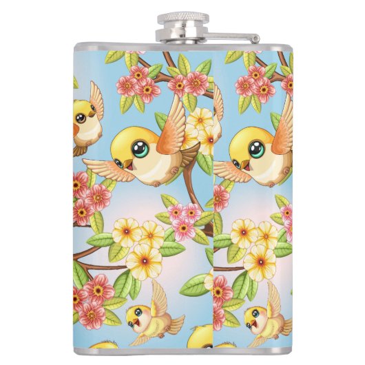 Schattigee en vrolijke vogels tussen de voorjaarsb heupfles (Achterkant)