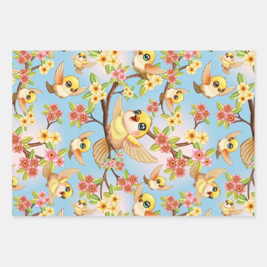Schattigee en vrolijke vogels tussen de voorjaarsb inpakpapier vel (Voorkant 2)