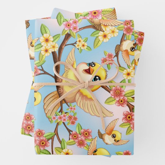 Schattigee en vrolijke vogels tussen de voorjaarsb inpakpapier vel (In situ)