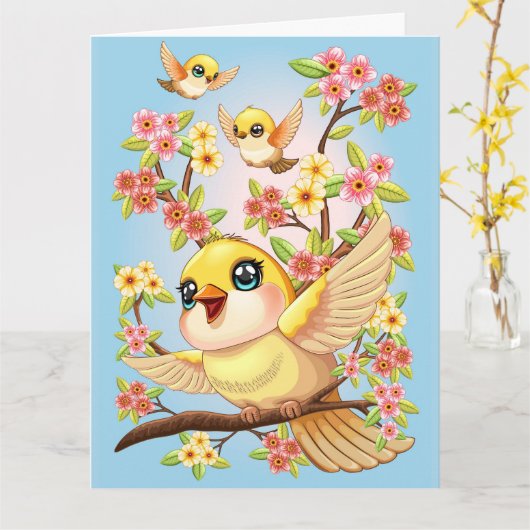 Schattigee en vrolijke vogels tussen de voorjaarsb kaart (Gele Bloem)