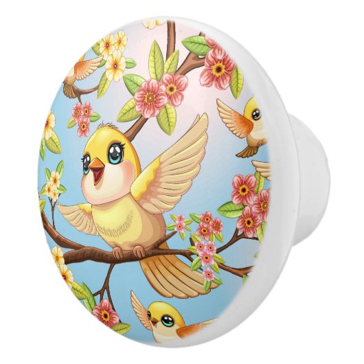 Schattigee en vrolijke vogels tussen de voorjaarsb keramische knop (Rechts)