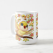 Schattigee en vrolijke vogels tussen de voorjaarsb koffiemok (Voorkant links)