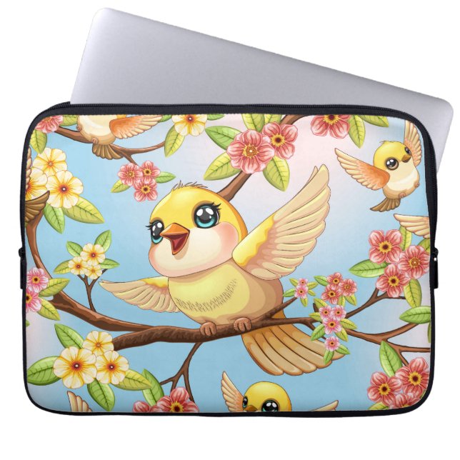 Schattigee en vrolijke vogels tussen de voorjaarsb laptop sleeve (Voorkant)