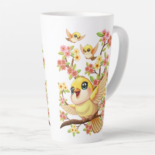 Schattigee en vrolijke vogels tussen de voorjaarsb latte mok (Rechterhoek)