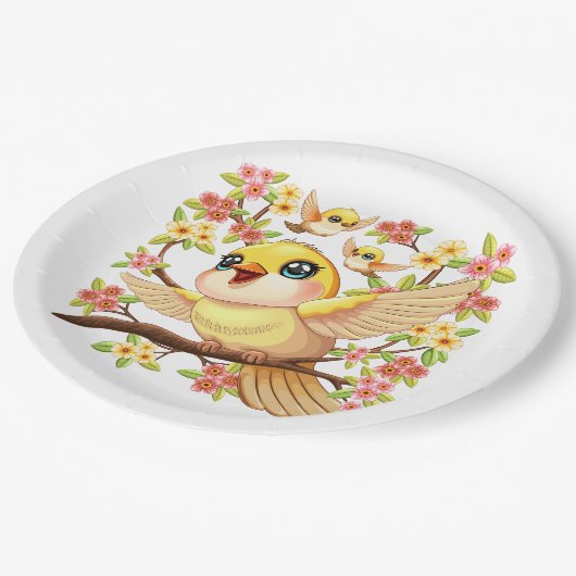 Schattigee en vrolijke vogels tussen de voorjaarsb papieren bordje (Gekanteld)