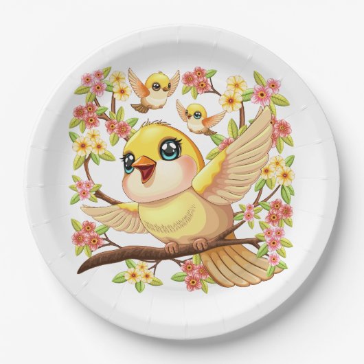 Schattigee en vrolijke vogels tussen de voorjaarsb papieren bordje (Voorkant)