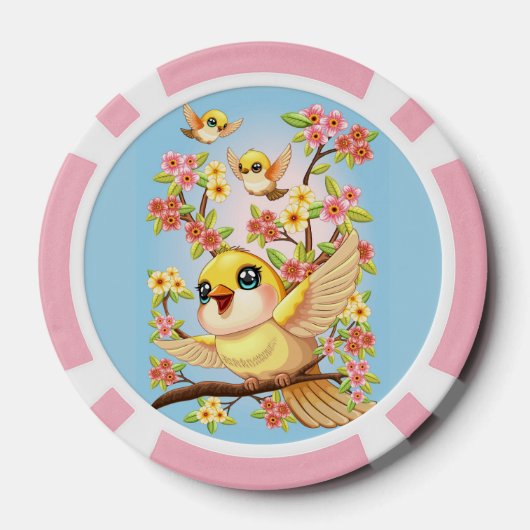 Schattigee en vrolijke vogels tussen de voorjaarsb poker chips (Achterkant)