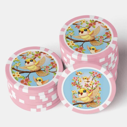 Schattigee en vrolijke vogels tussen de voorjaarsb poker chips (Opstapeling)