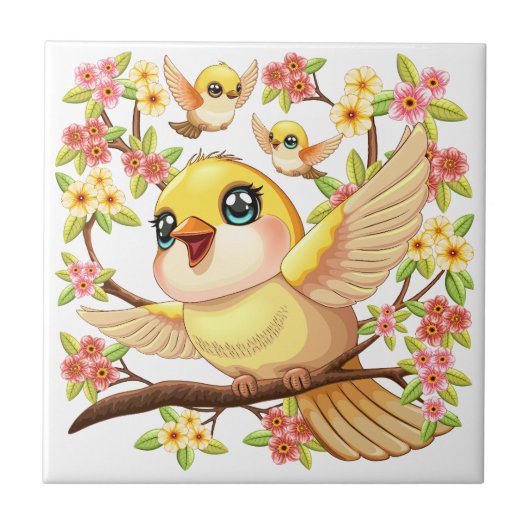 Schattigee en vrolijke vogels tussen de voorjaarsb tegeltje (Voorkant)