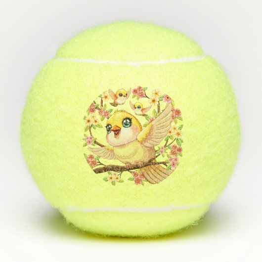 Schattigee en vrolijke vogels tussen de voorjaarsb tennisballen (Voorkant)