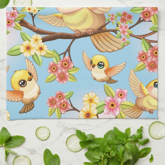 Schattigee en vrolijke vogels tussen de voorjaarsb theedoek (Gevouwen)