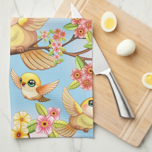 Schattigee en vrolijke vogels tussen de voorjaarsb theedoek (Quarter Fold)