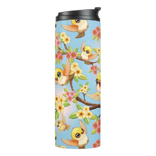 Schattigee en vrolijke vogels tussen de voorjaarsb thermosbeker (Gedraaid links)