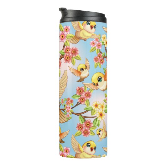 Schattigee en vrolijke vogels tussen de voorjaarsb thermosbeker (Geroteerd rechts)