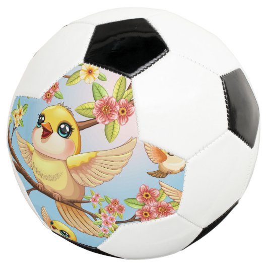 Schattigee en vrolijke vogels tussen de voorjaarsb voetbal (Drie kwart)