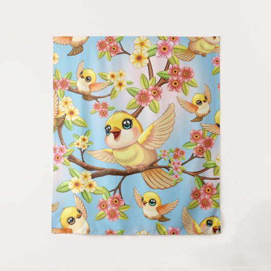 Schattigee en vrolijke vogels tussen de voorjaarsb wandkleed (Voorkant)