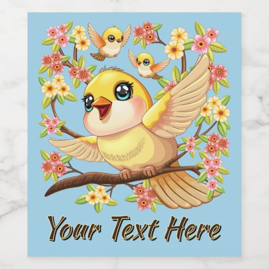 Schattigee en vrolijke vogels tussen de voorjaarsb wijn etiket (Enkel label)