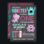 Schattigee enge kleine monsters verjaardag kaart<br><div class="desc">Schattigee en enge kleine monsters op krijtbord achtergrond met kleurrijke grunge chevron print terug ontwerp verjaardagsuitnodigingskaart.</div>