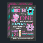 Schattigee enge kleine monsters verjaardag kaart<br><div class="desc">Schattigee en enge kleine monsters op krijtbord achtergrond met kleurrijke grunge chevron print terug ontwerp verjaardagsuitnodigingskaart.</div>