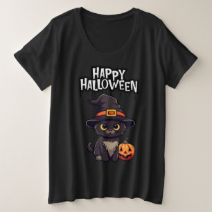 Schattigee enge zwarte kat met pompoenjack op lant grote maat t-shirt